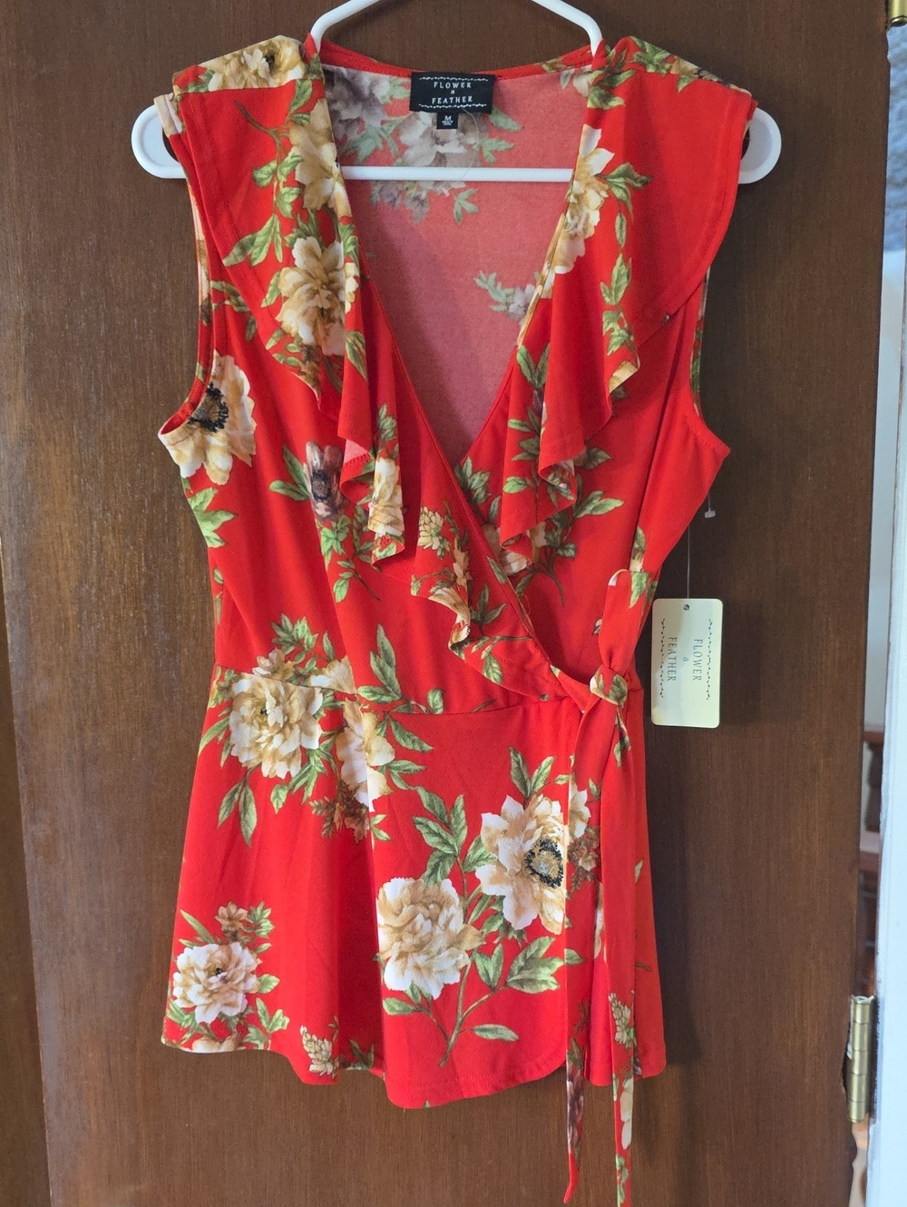 FLOWER & FEATHER FLOWEY FAUX-WRAP TOP NWT